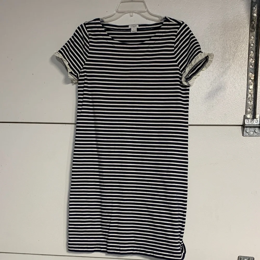 J CREW WOMENS NAVY WHITE STRIPE MINI DRESS RUFFLE SLEEVE SMALL